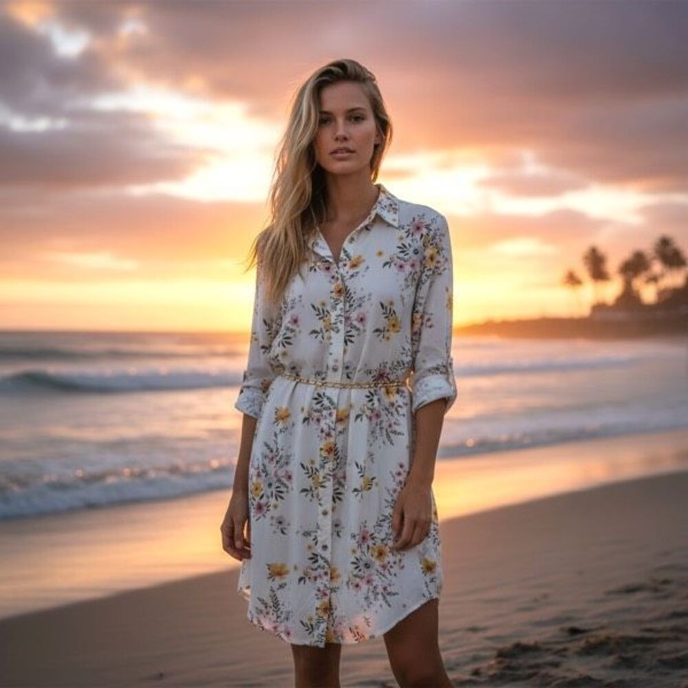 NWT GUESS Misti Shirt Dress L White Floral Button Front Gold Chain Belt‎ Midi